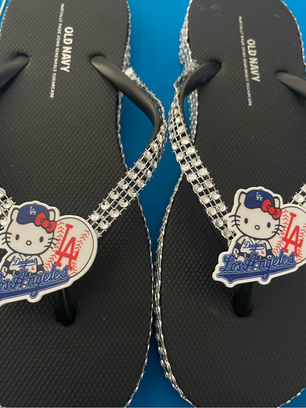 Black Rhinestone Hello Kitty Dodgers Flip Flops